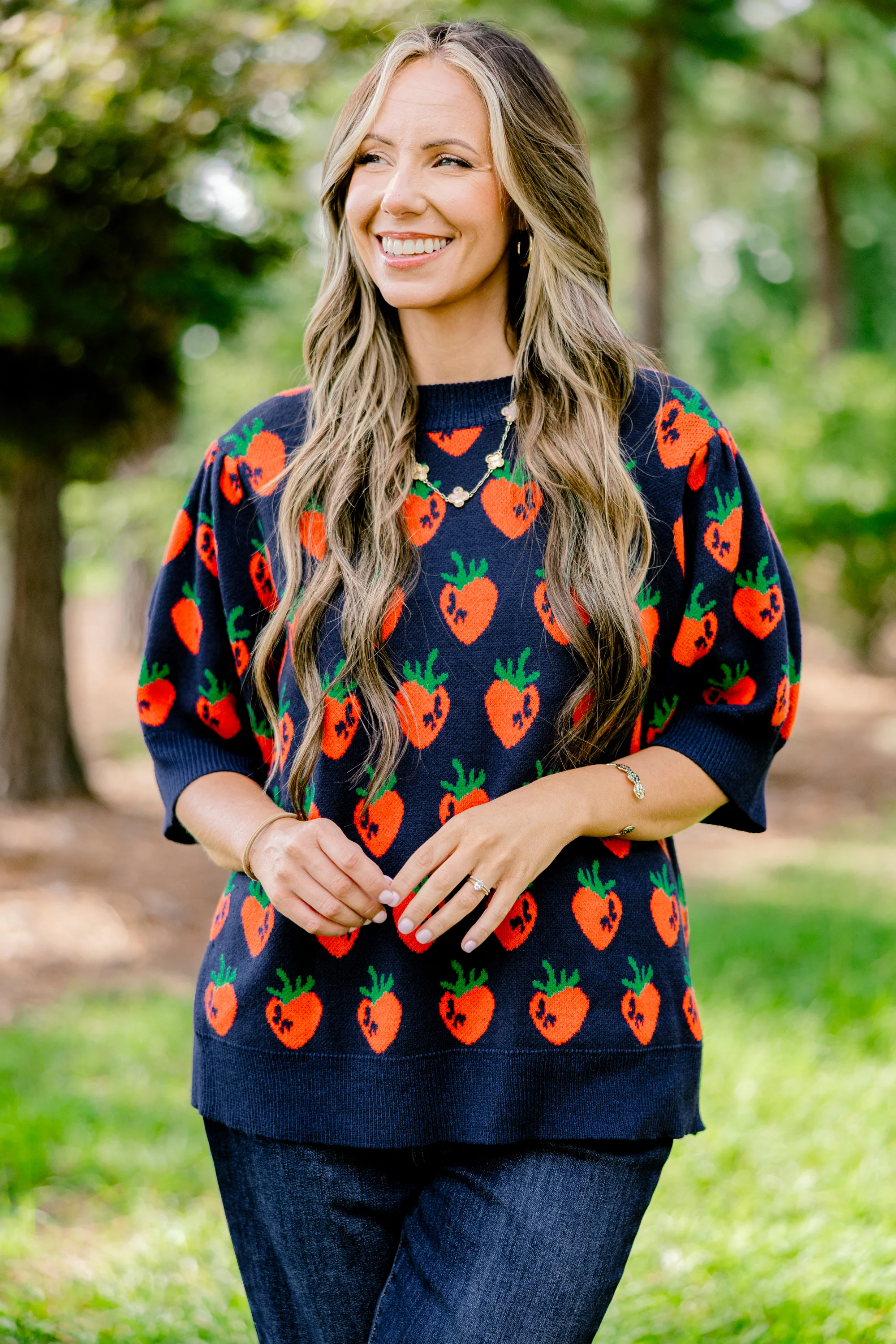 Love And Life Sweater, Navy Strawberry - Giverhouse