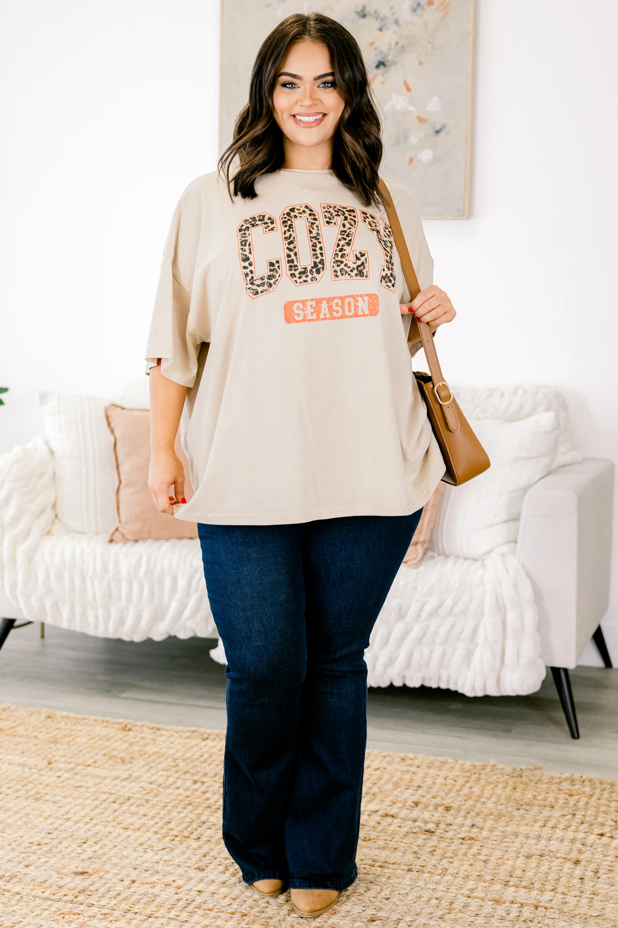 Let's Get Cozy Boyfriend Tee, Light Mocha - Giverhouse