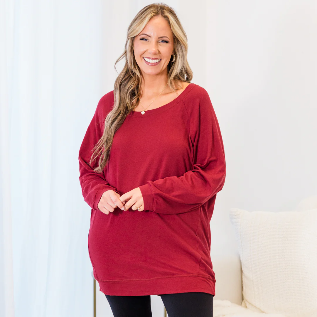 Slouchy Dolman Tunic Long Sleeve, Wine - Giverhouse