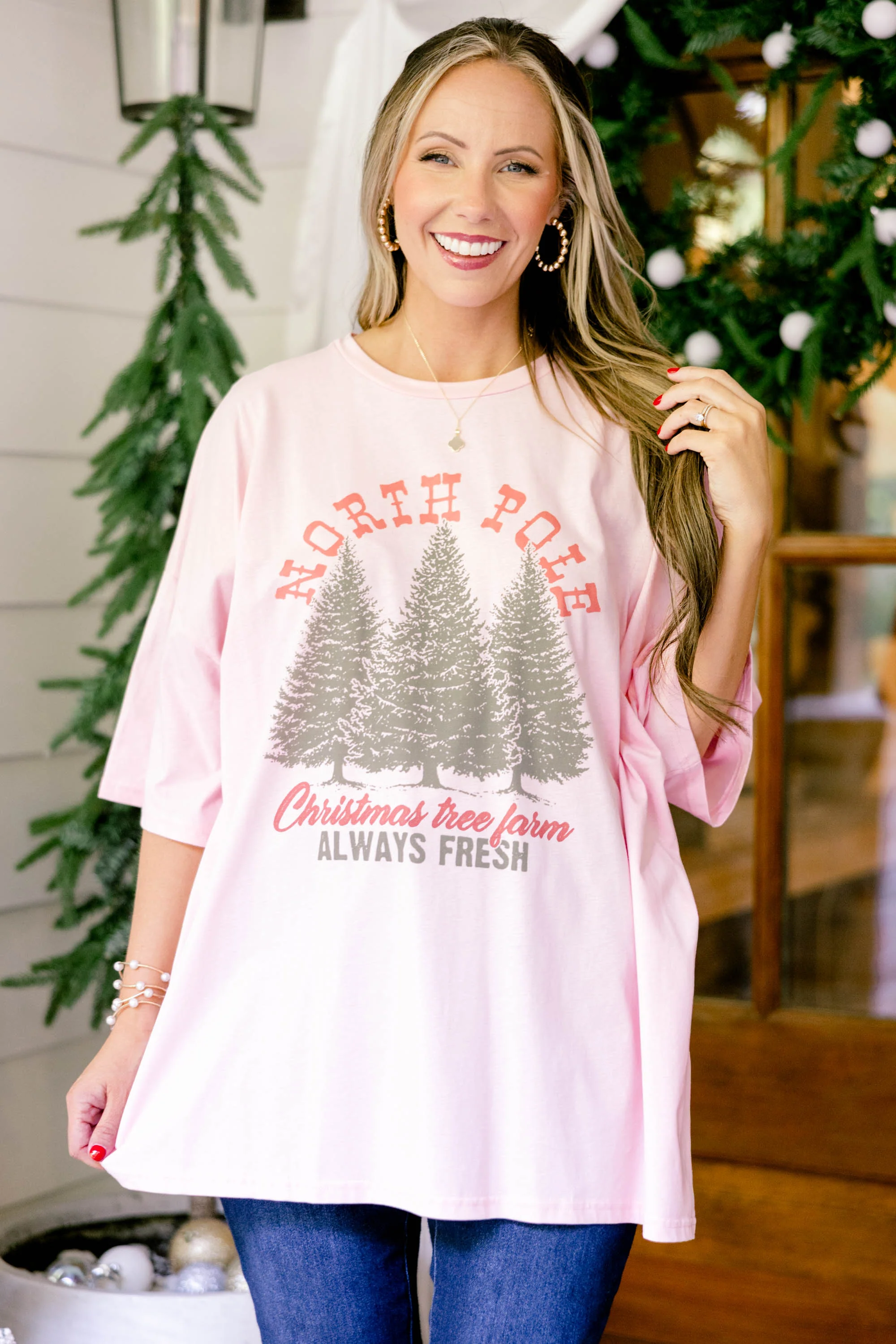 North Pole Tree Farm Boyfriend Tee, Dusty Pink - Giverhouse