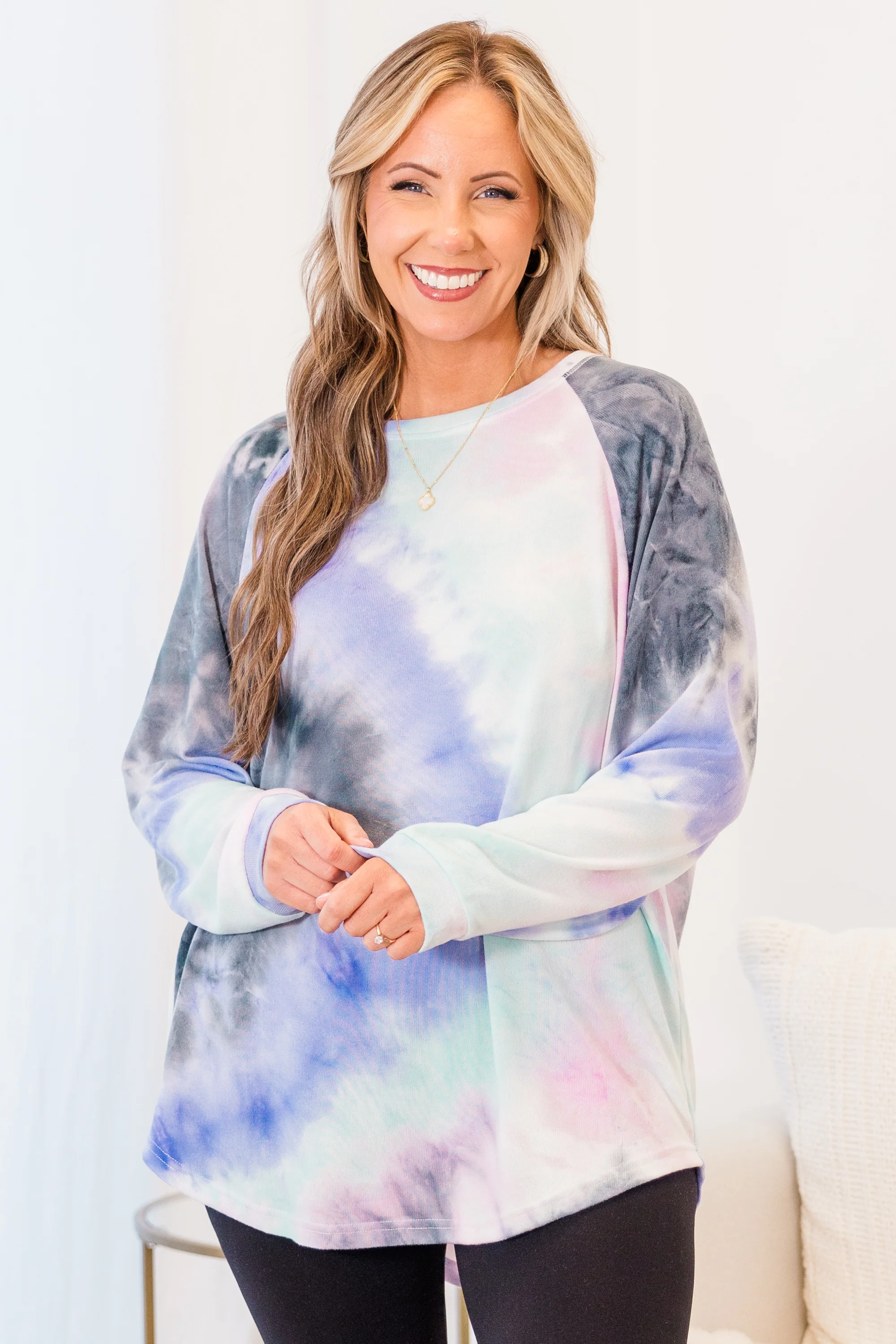Curved Hem Slouchy Dolman Tunic, Tie Dye Pink & Blue - Giverhouse