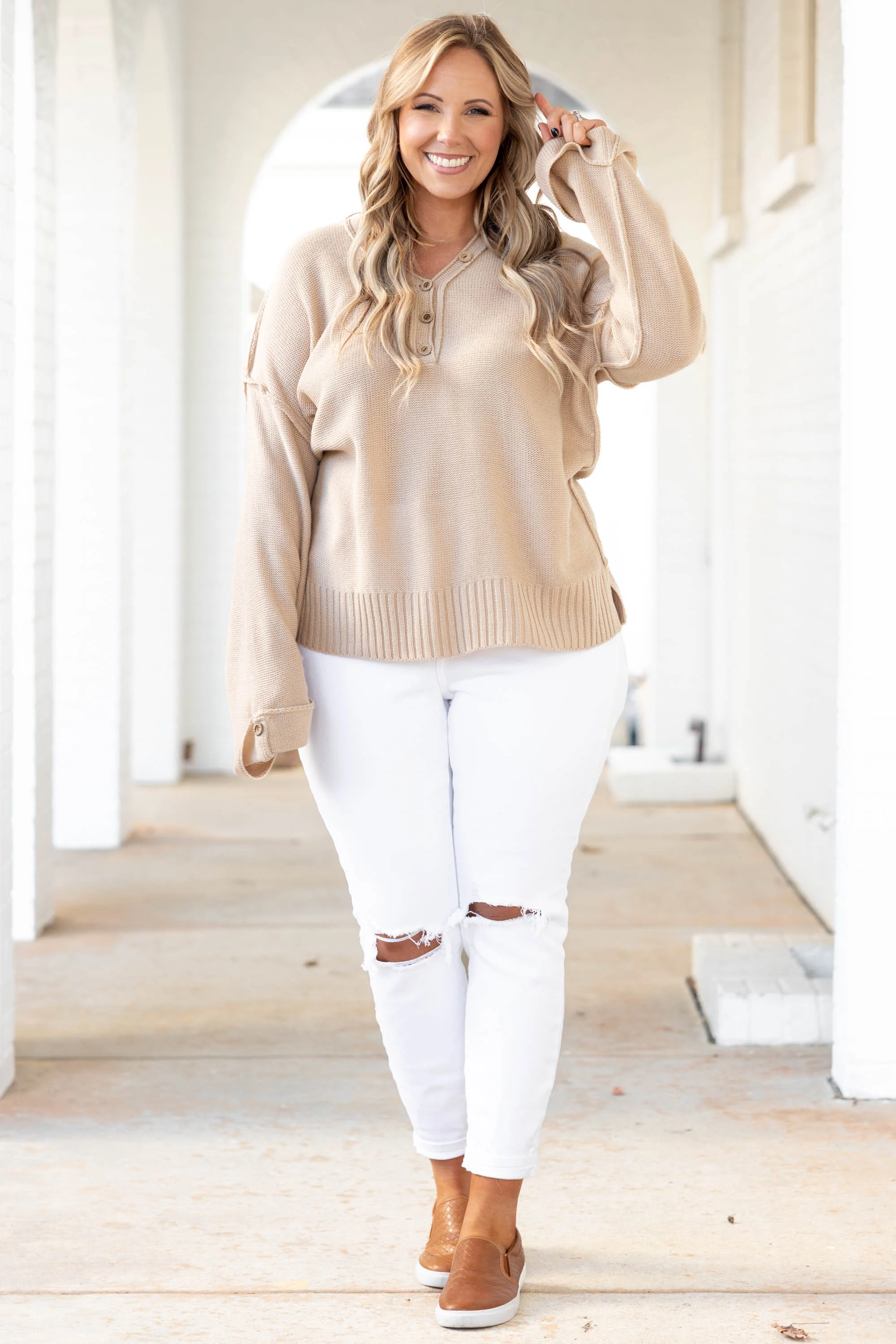 Please Say Yes Sweater, Beige - Giverhouse