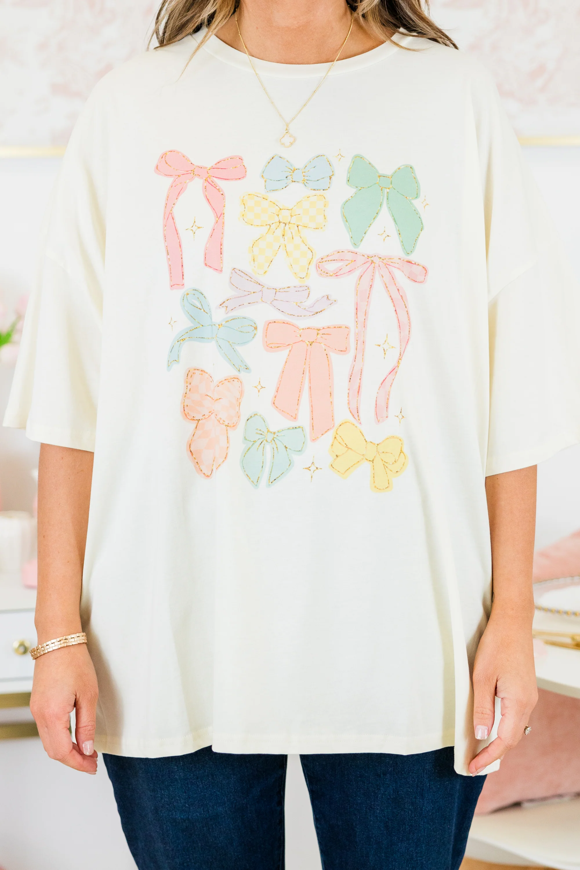 Mixed Bows Boyfriend Tee, Ivory - Giverhouse