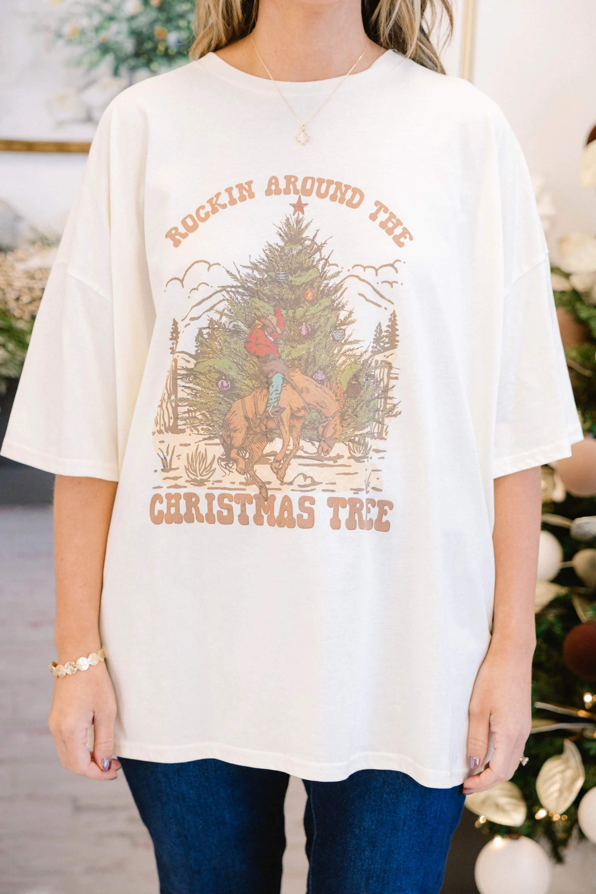 Cowboy Christmas Boyfriend Tee, Ivory - Giverhouse