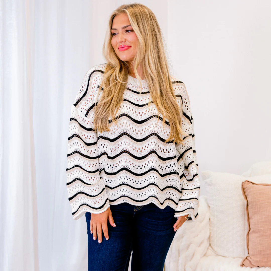 Wavy Comfort Sweater, Cream-Black - Giverhouse