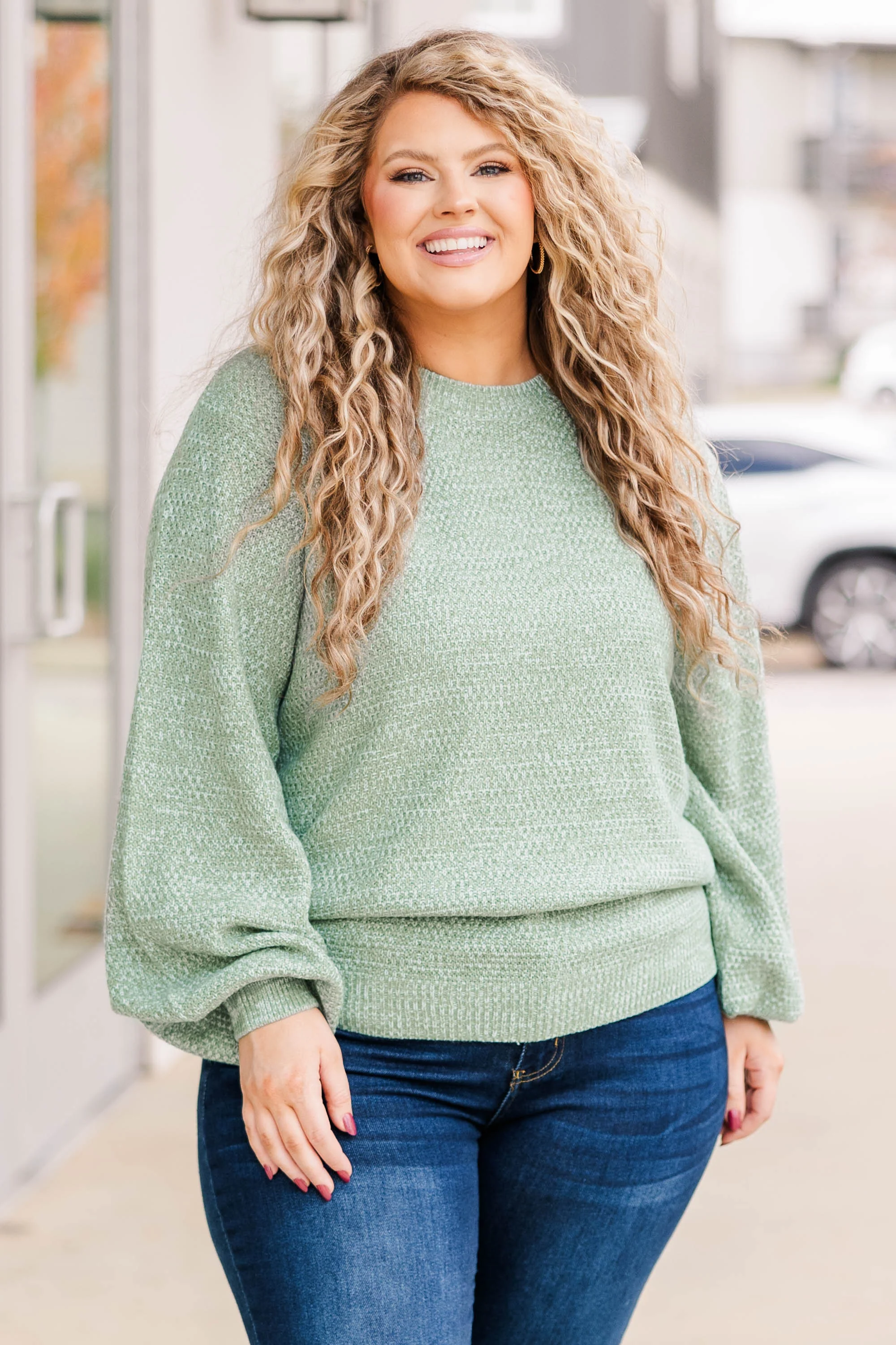 Cozy Bubble Sleeve Sweater, Sage - Giverhouse