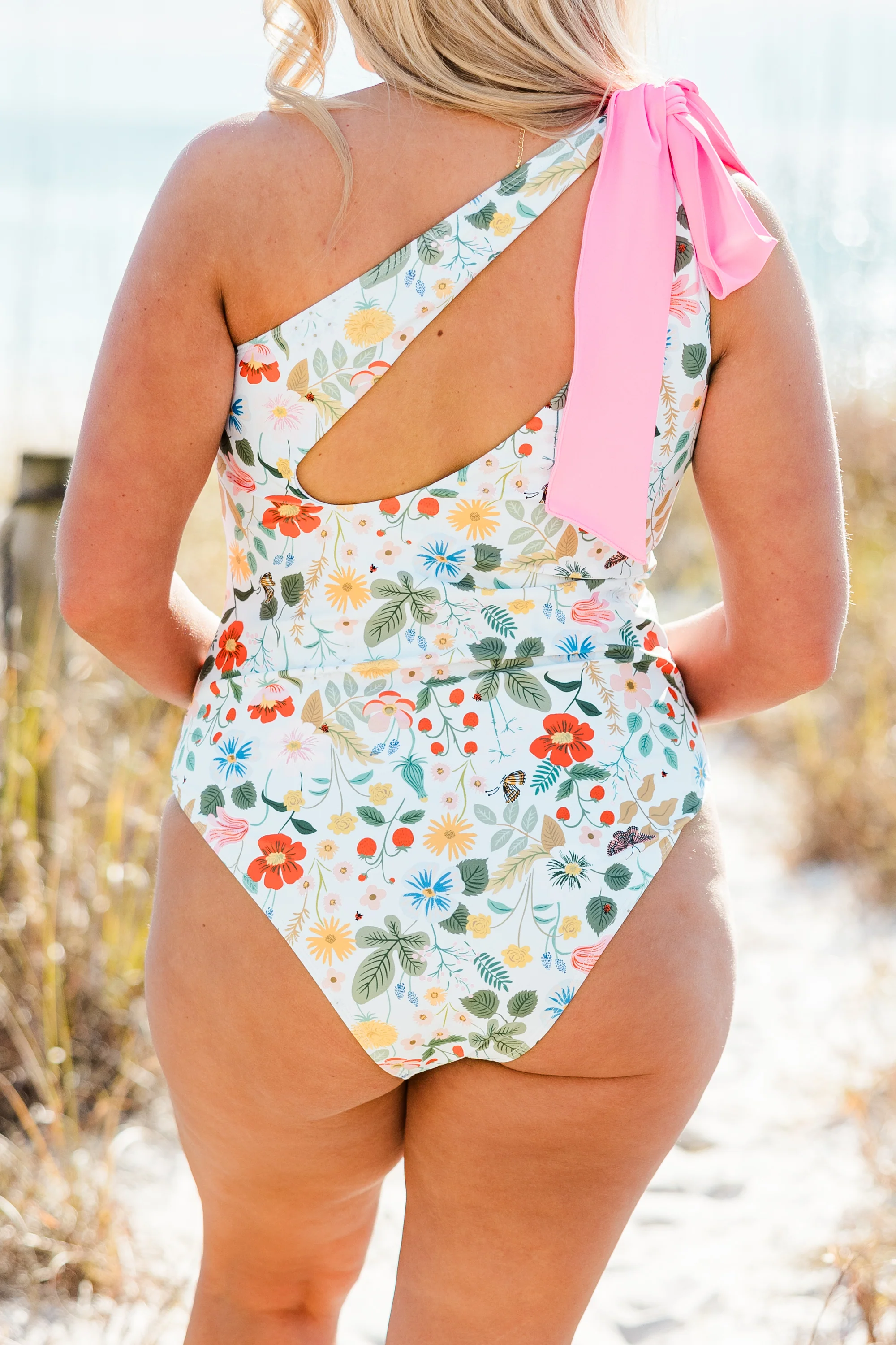 Beach Daydreamin' Swimsuit, Blue Floral With Pink Bow - Giverhouse