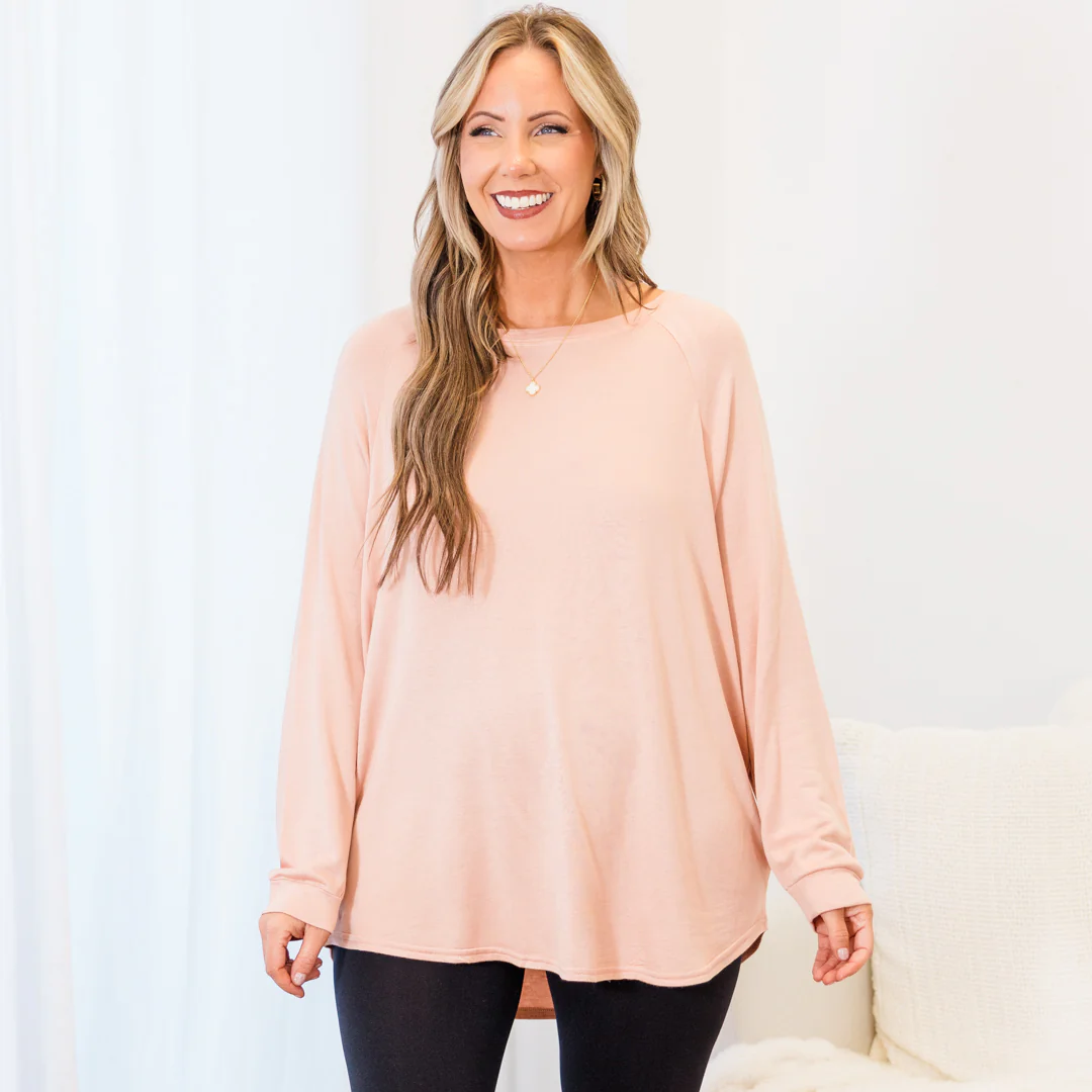 Curved Hem Slouchy Dolman Tunic, Blush Fleece - Giverhouse