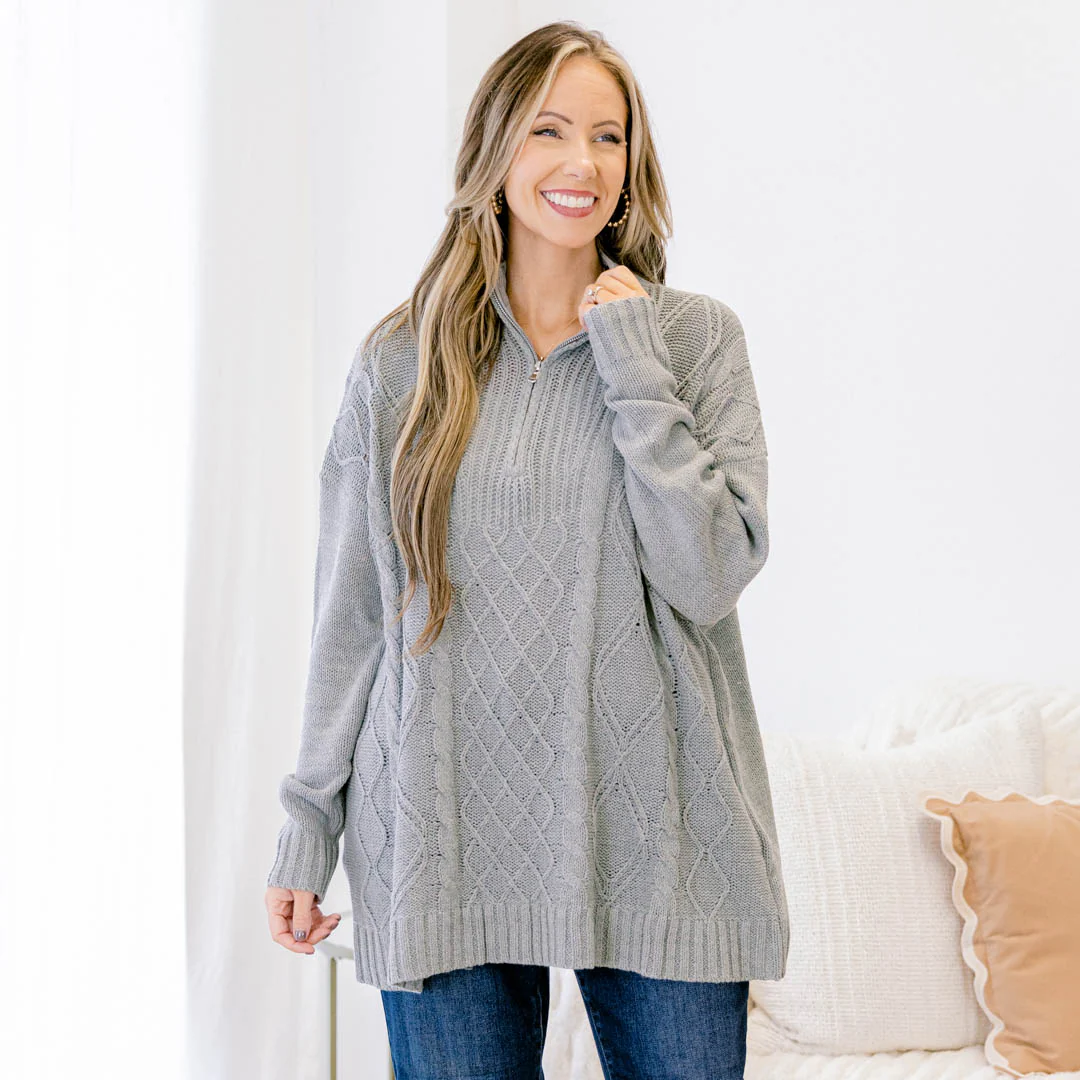 Cable Knit Classic Sweater, Gray - Giverhouse