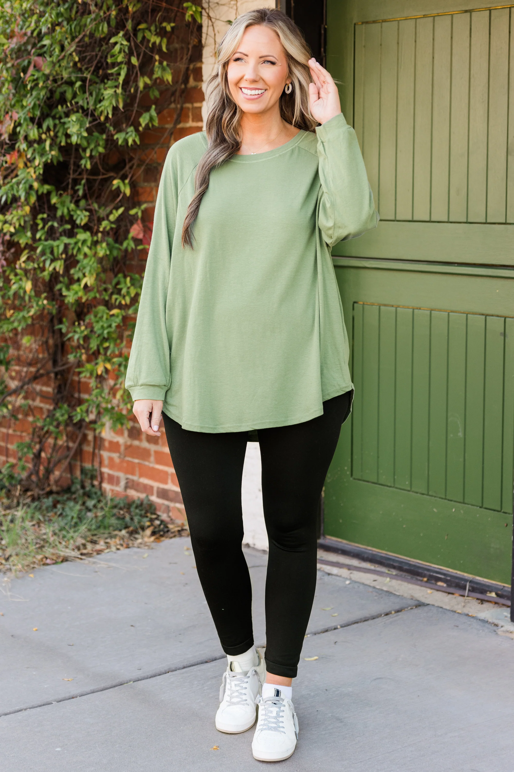 Curved Hem Slouchy Dolman Tunic, Sage - Giverhouse