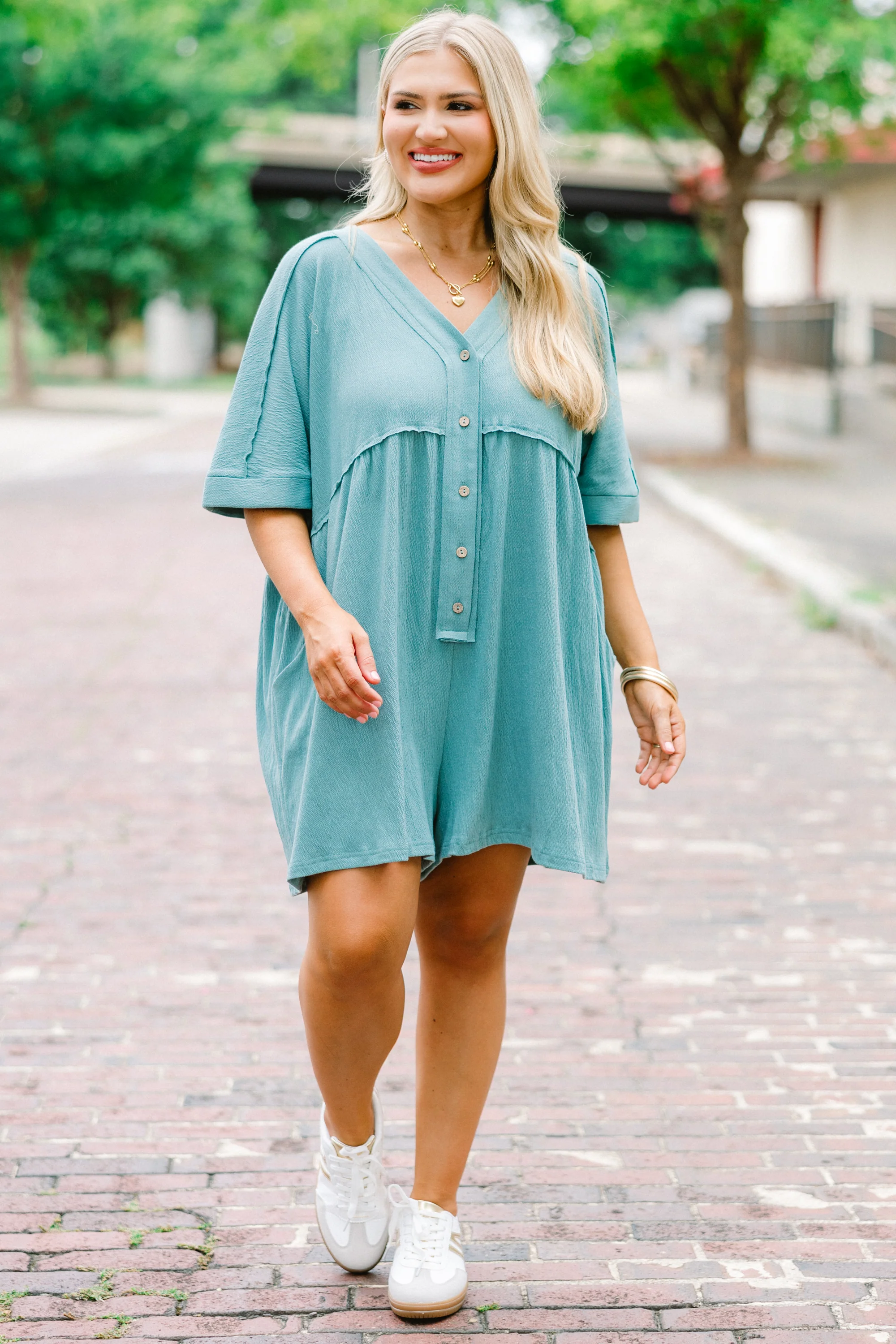 Throw On And Go Romper, Dusty Teal - Giverhouse