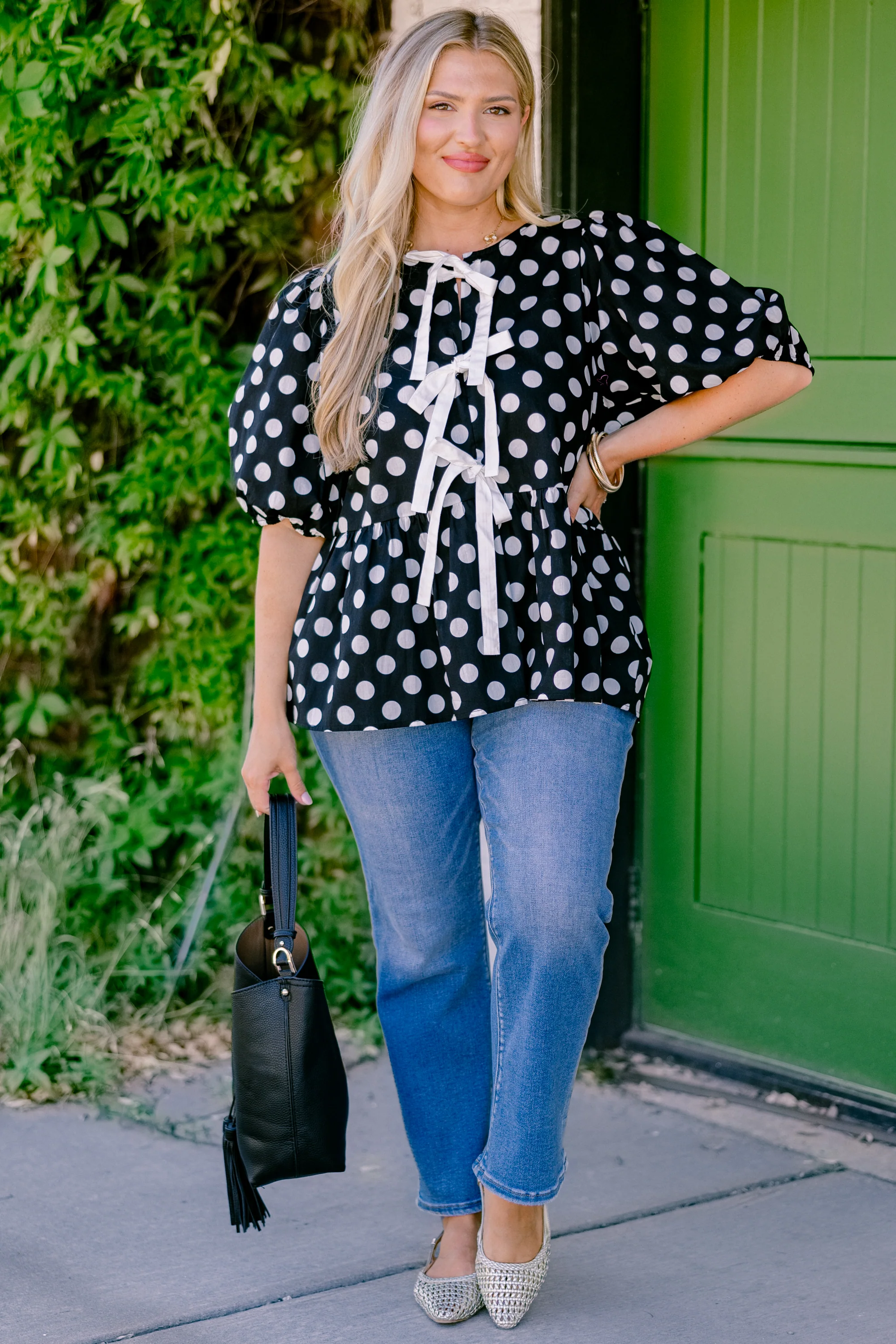 Take It Easy Now Top, Black Polka Dot - Giverhouse