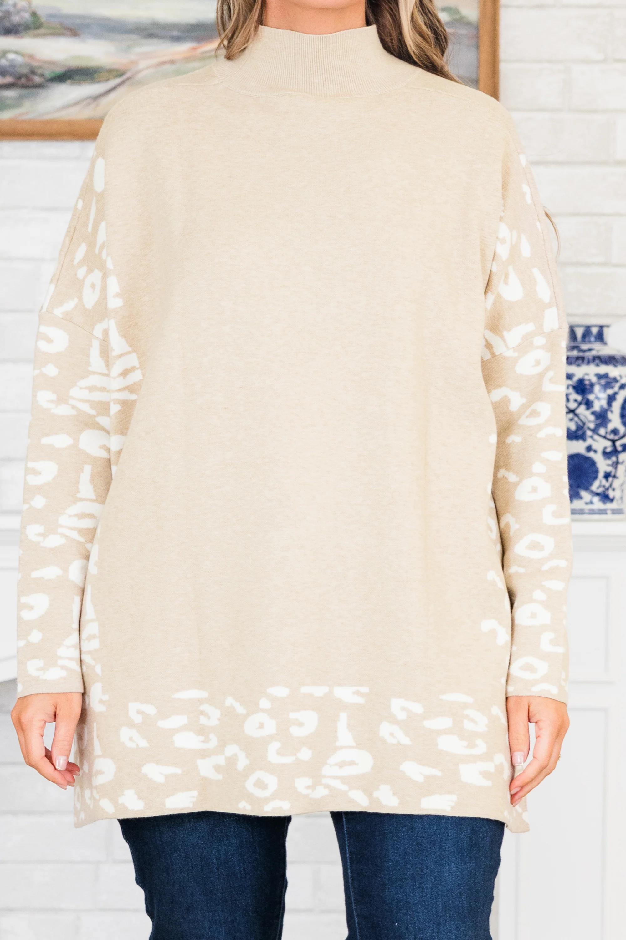 Time To Walk Away Sweater Tunic, Taupe-White - Giverhouse