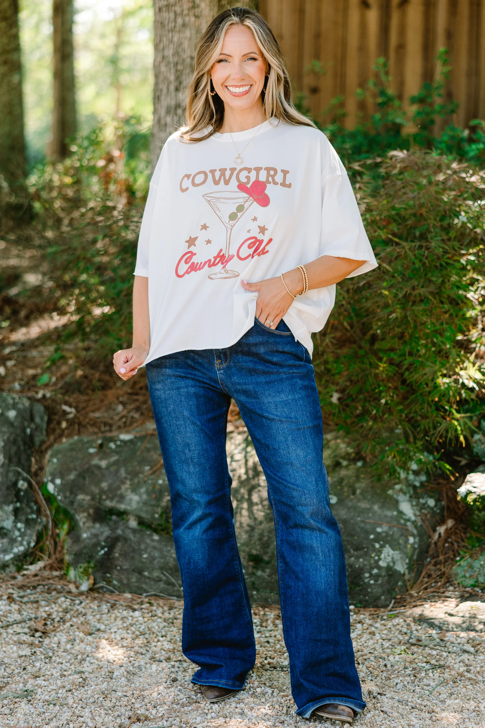 Cowgirl Country Club Vintage Wash Tee, White - Giverhouse